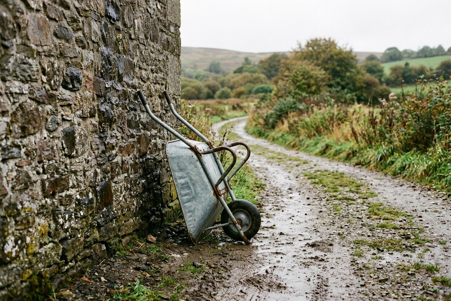 An empty two wheeled barrow standing on wet grass.