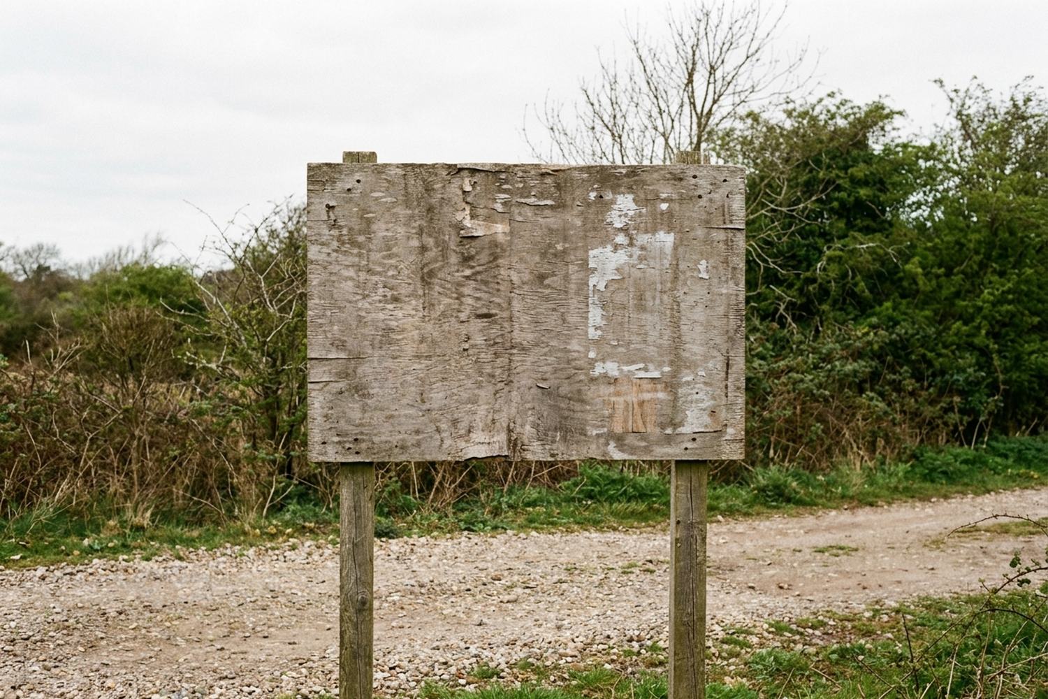 A blank weathered noticeboard on two posts.