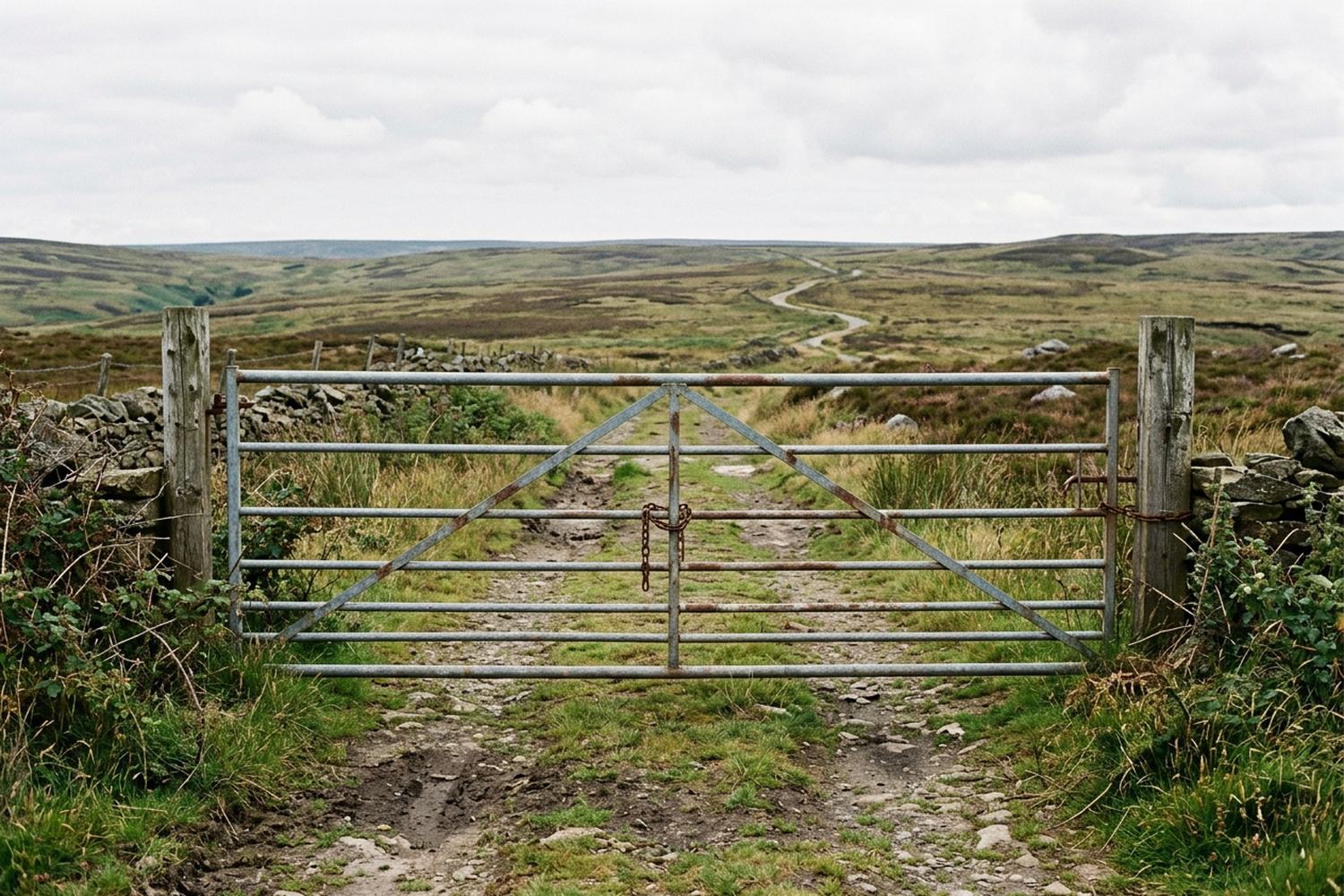 A timber field gate standing shut across a grass track.