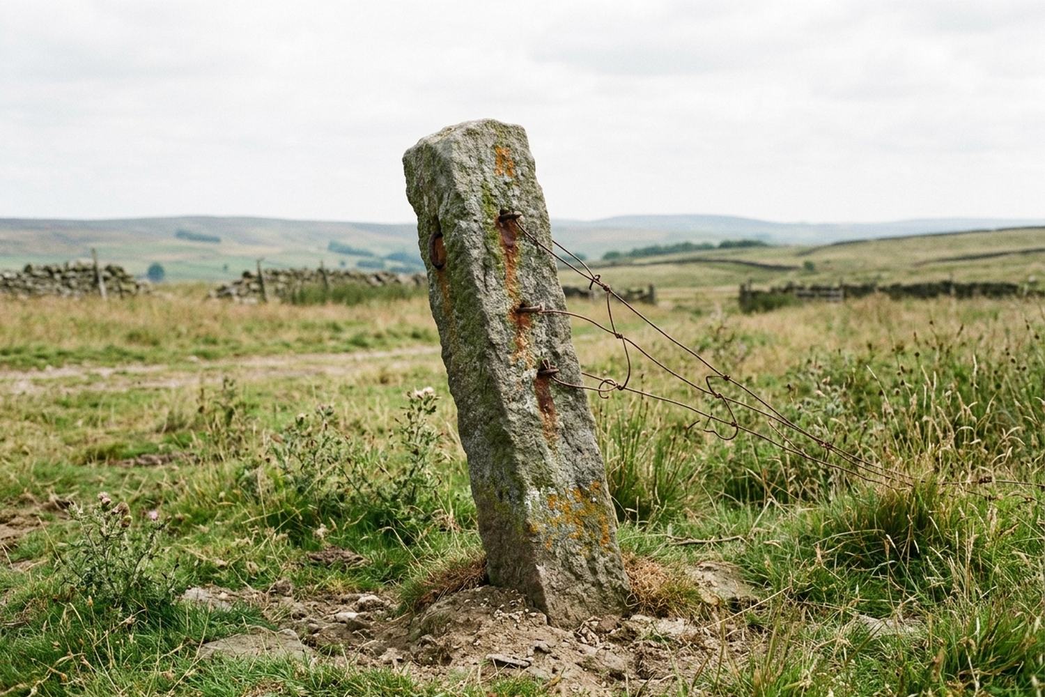 A leaning stone gatepost with the hinge pin still in it.