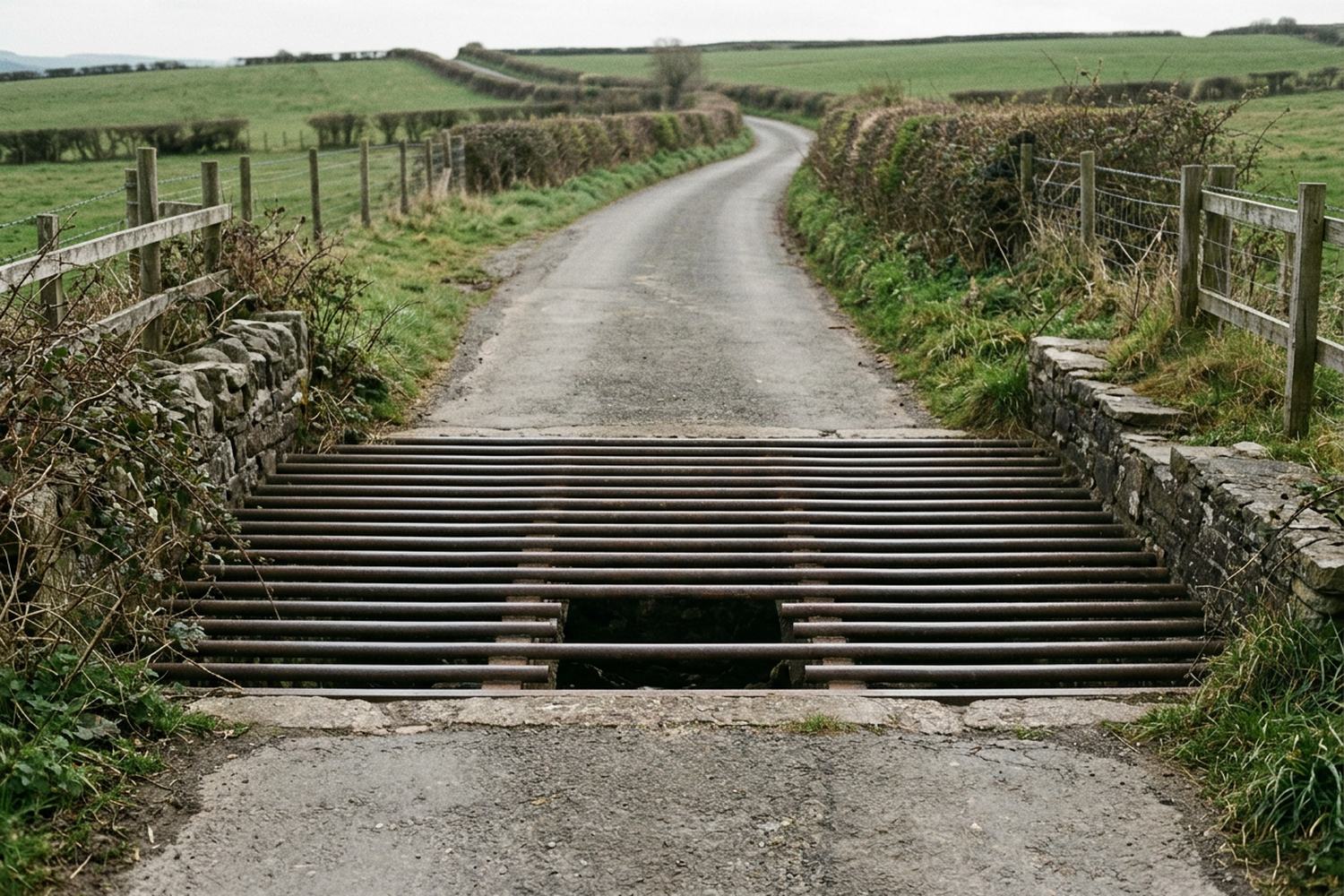 A cattle grid set across a lane between two stone walls.