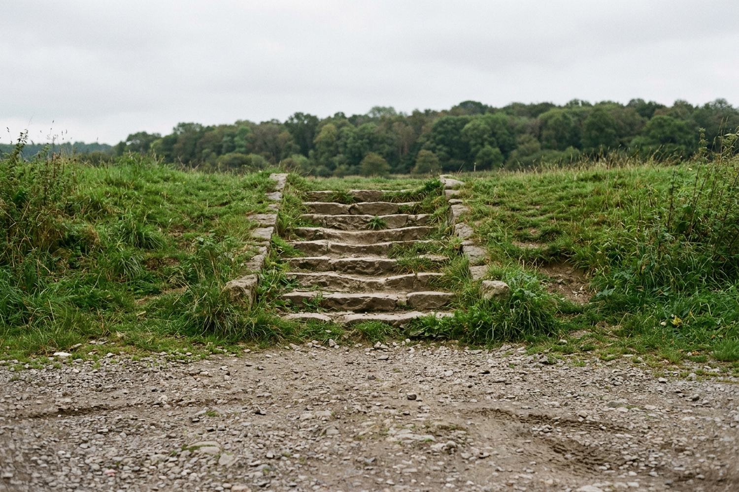 Worn stone steps climbing away between banks of turf.