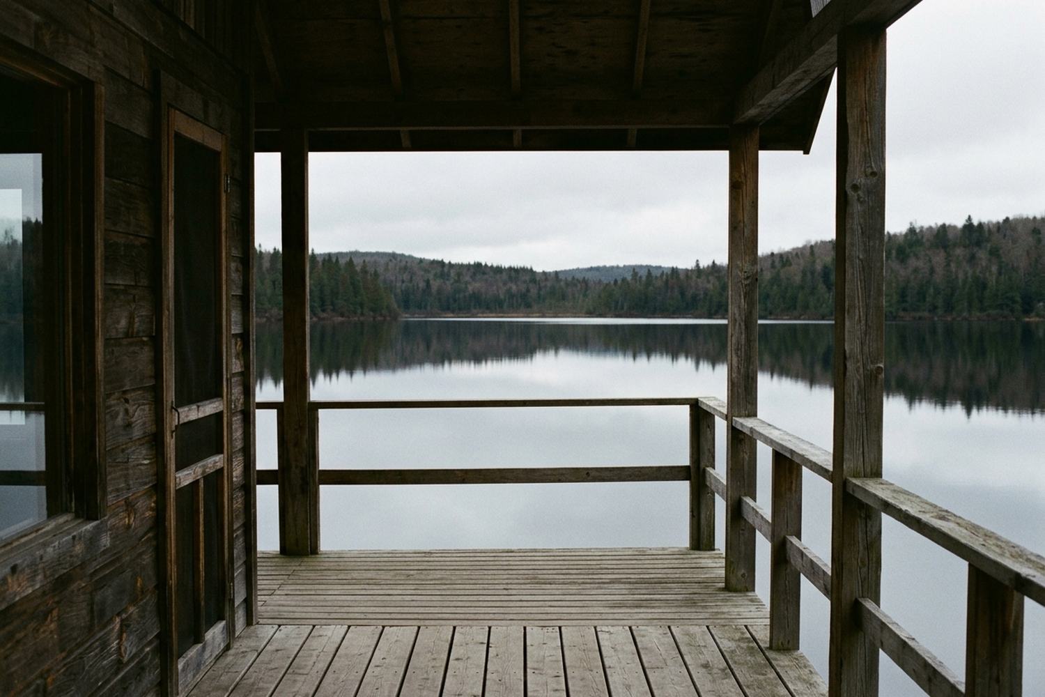 A long narrow lake below wooded slopes in flat light.