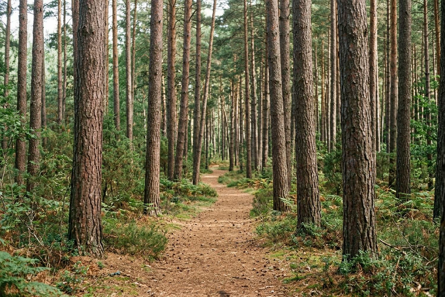 Straight planted pines on flat ground with a needle floor.