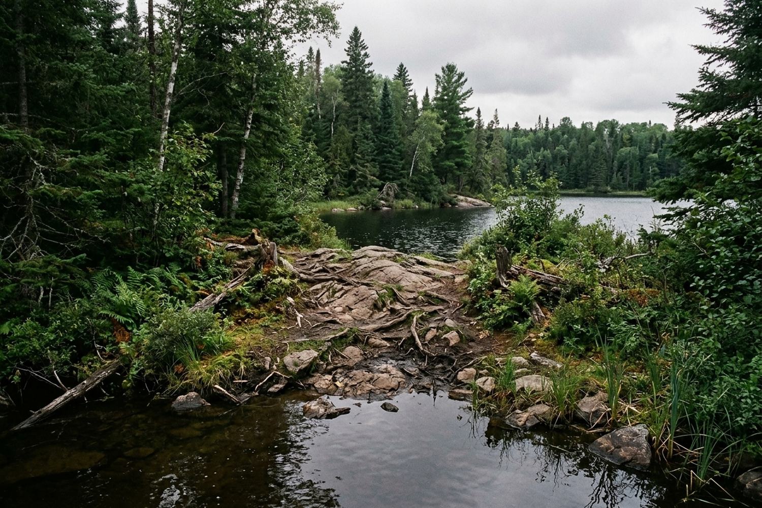 A narrow lake between low rock and conifer shore.