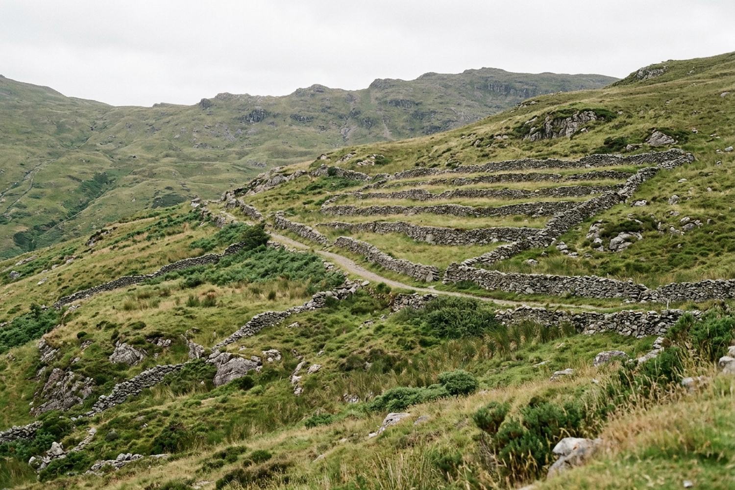Dry stone terraces stepping up a steep river valley.