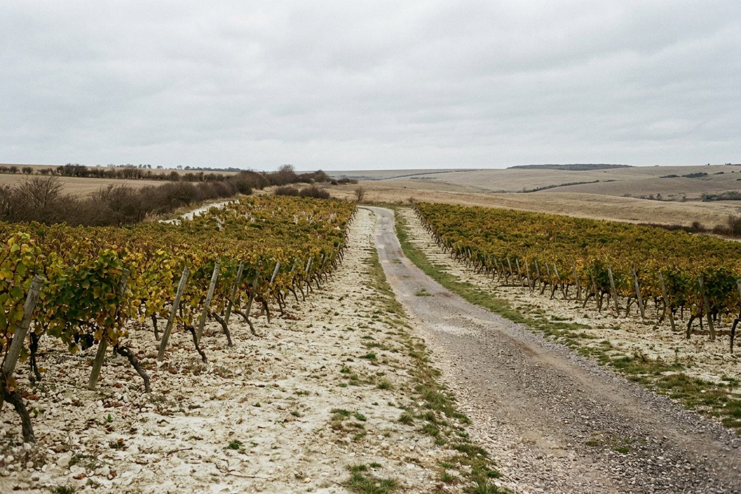 Rows of low vines running up a slope to higher wooded ground.